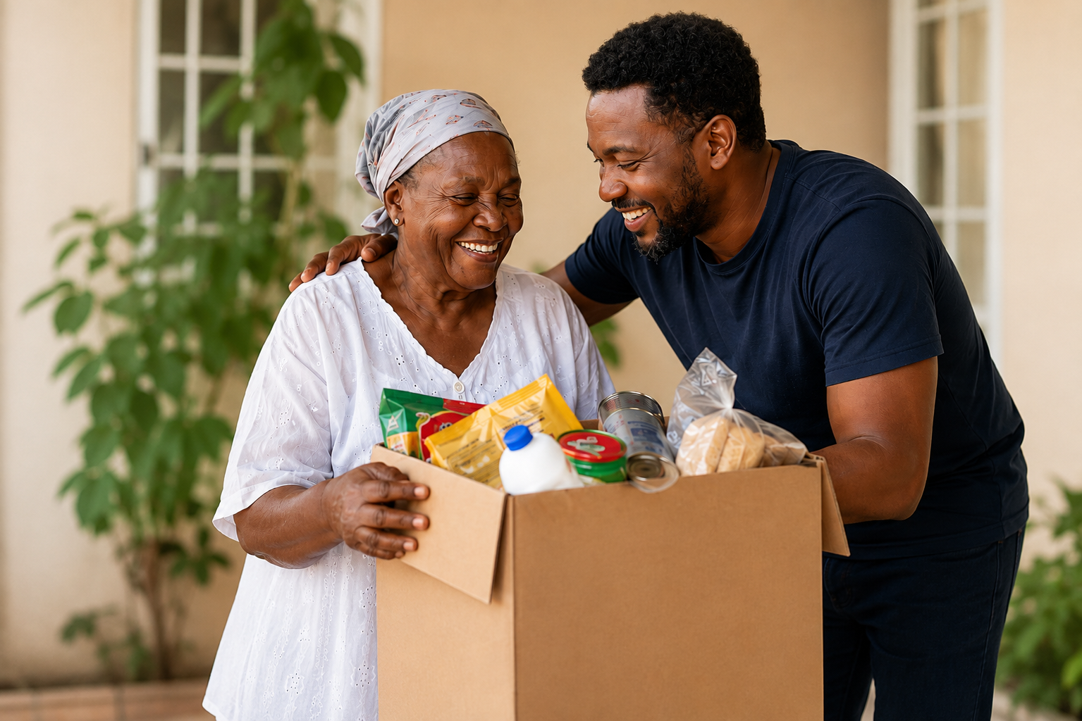 A son delivering a box of groceries to his mother in Haiti
